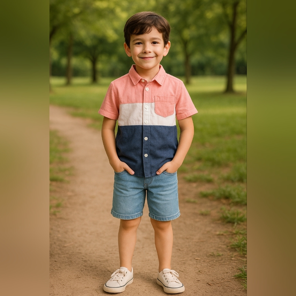 SHEIN Colorblock Button-Up Shirt Boy 8Y Pink Blue Summer Casual Preppy